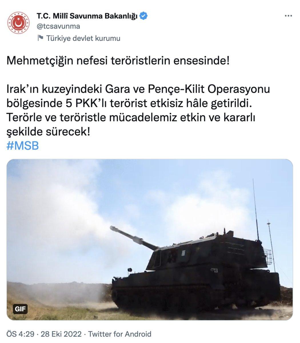 Gara ve Pençe-Kilit Operasyonu bölgesinde 5 PKK'lı terörist öldürüldü