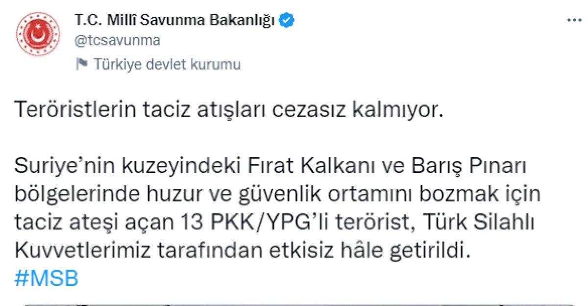 Fırat Kalkanı ve Barış Pınarı bölgelerinde 13 terörist öldürüldü
