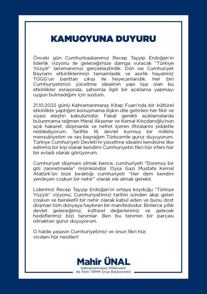 Mahir Ünal'dan 'Cumhuriyet düşmanı' eleştirilerine tepki