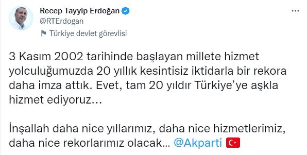 Cumhurbaşkanı Erdoğan'dan 20.yıl mesajı