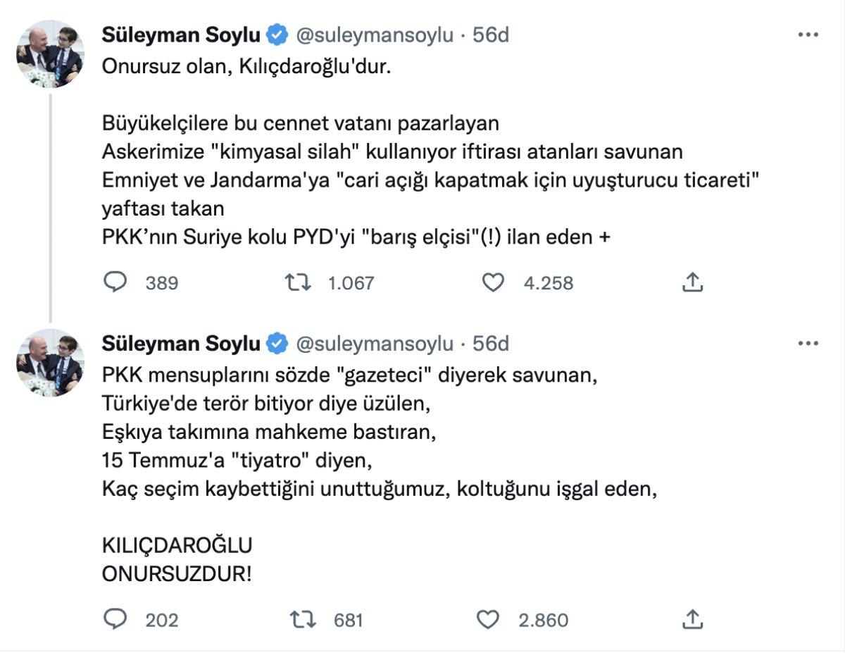 Bakan Soylu'dan Kılıçdaroğlu'na sert cevap: Kılıçdaroğlu onursuzdur