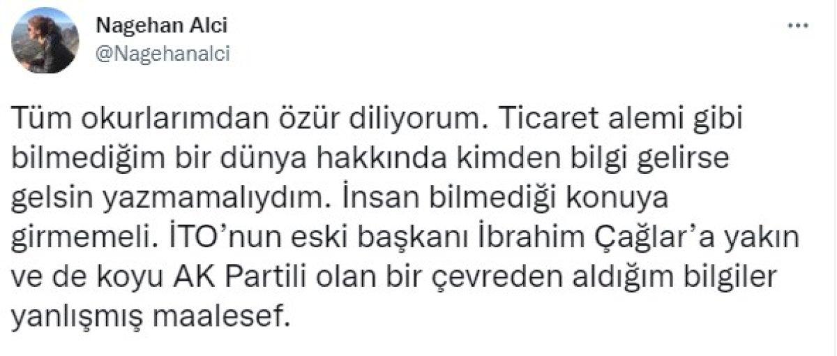 Nagehan Alçı, İTO paylaşımı nedeniyle özür diledi