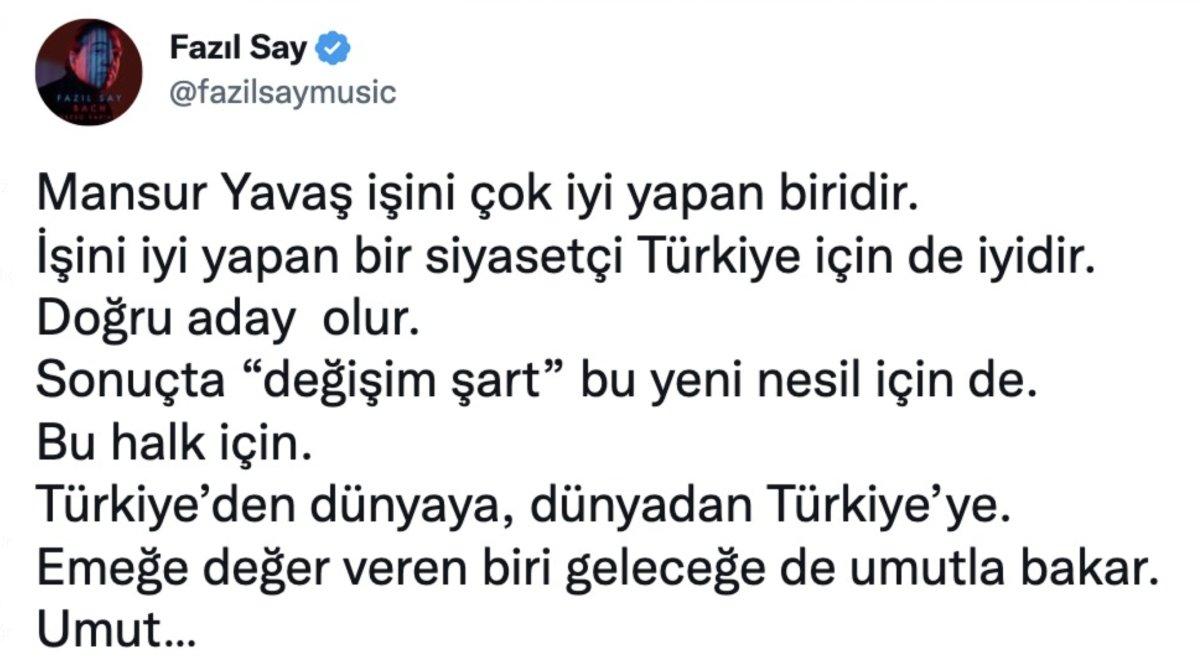 Fazıl Say'ın Cumhurbaşkanı adayı Mansur Yavaş