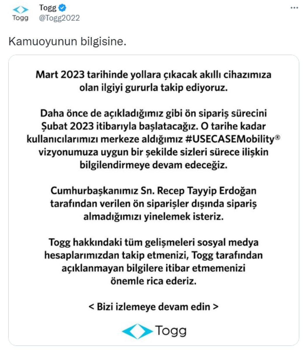 Togg'dan ön sipariş bilgisi: Şubat ayında başlıyor