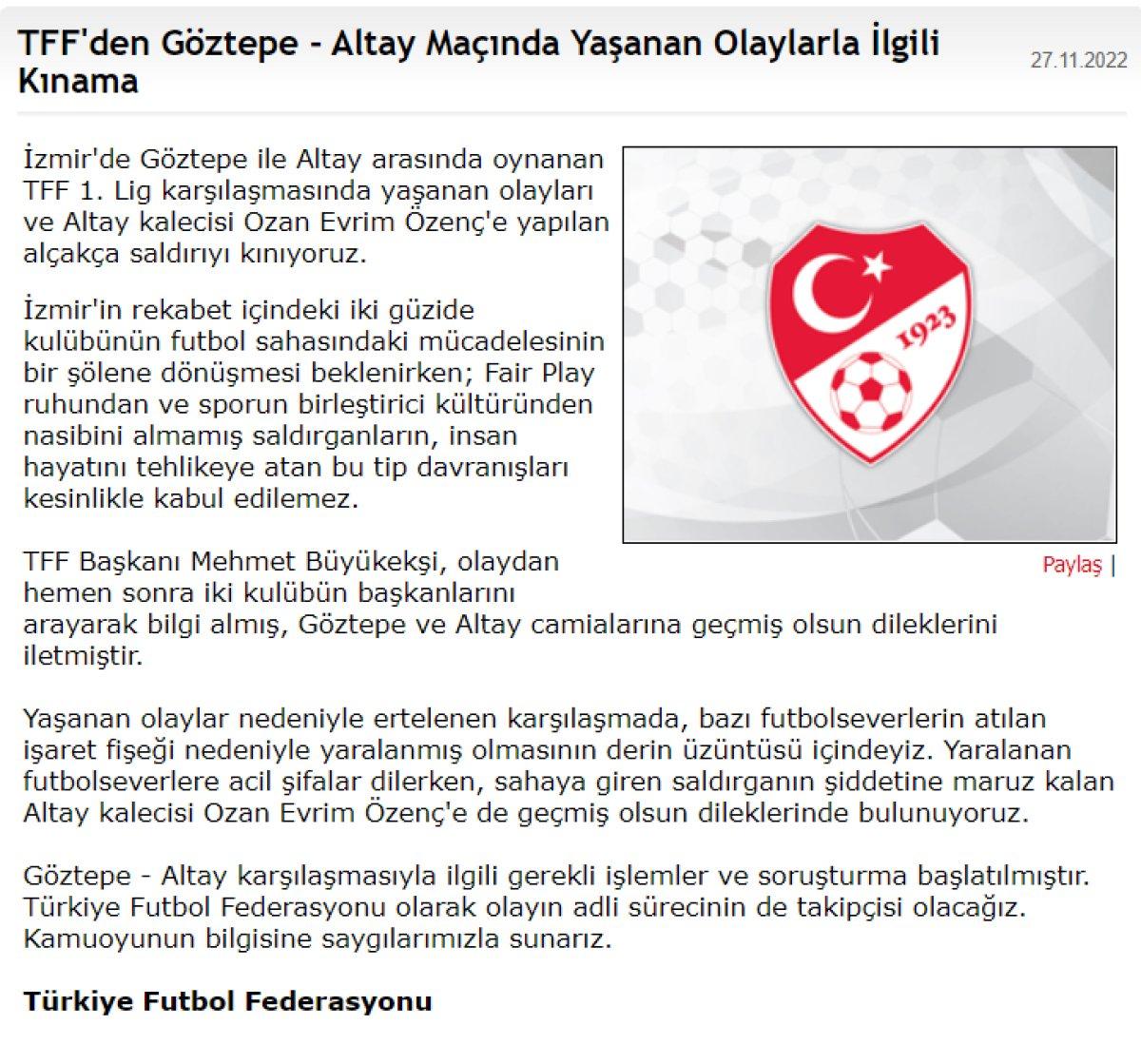 TFF'den Göztepe - Altay maçı açıklaması