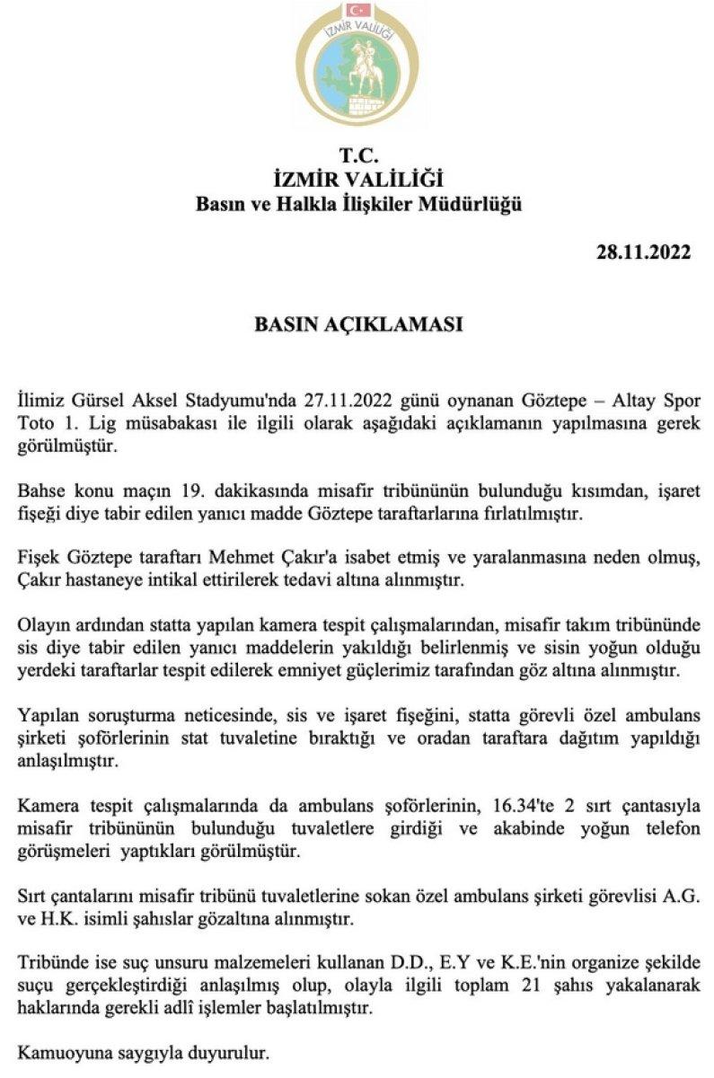 İzmir Valiliği'nden Göztepe - Altay maçı açıklaması
