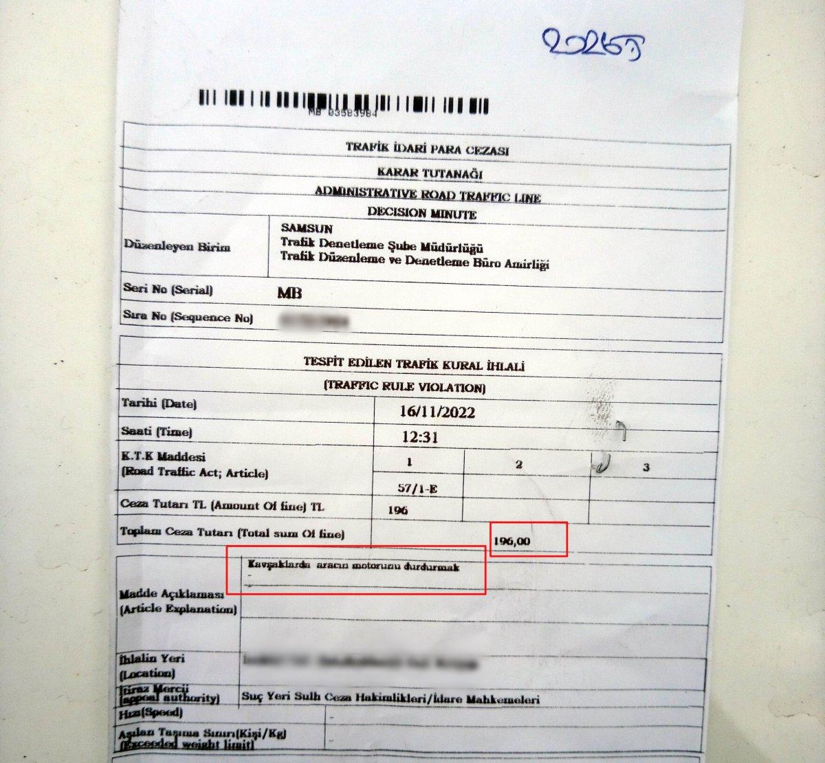 Samsun’da fıkra gibi olay: Aracı kendiliğinden durdu diye ceza yedi