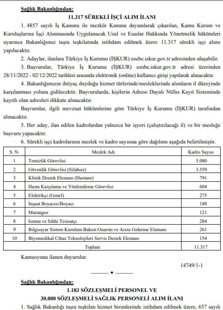 Sağlık Bakanlığı personel alım ilanı Resmi Gazete'de