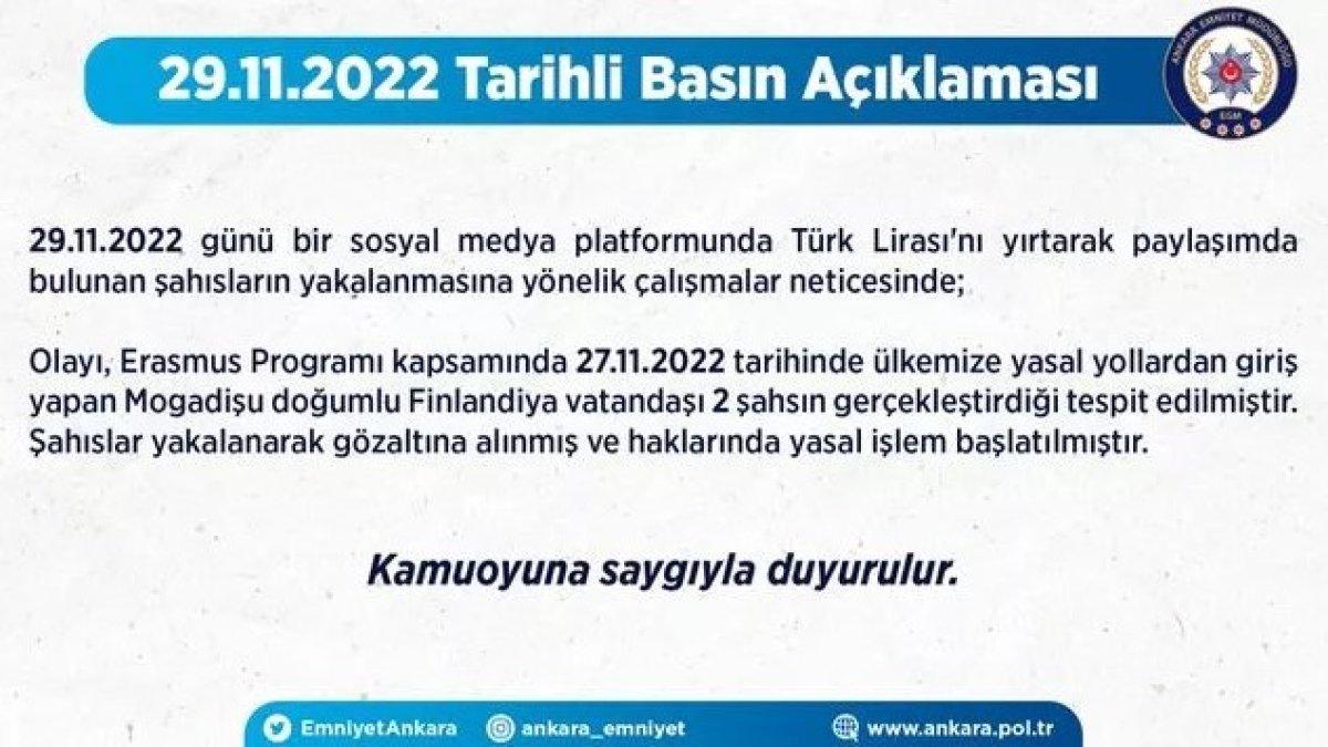 Türk Lirasını yırttığı anları sosyal medyadan paylaşan 2 Finlandiyalıya gözaltı