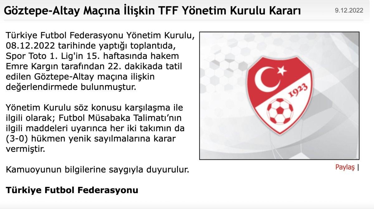 TFF'den Göztepe ve Altay'a hükmen mağlubiyet cezası