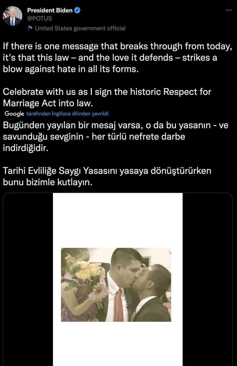 Joe Biden, eşcinsel evlilikleri koruma tasarısını imzaladı