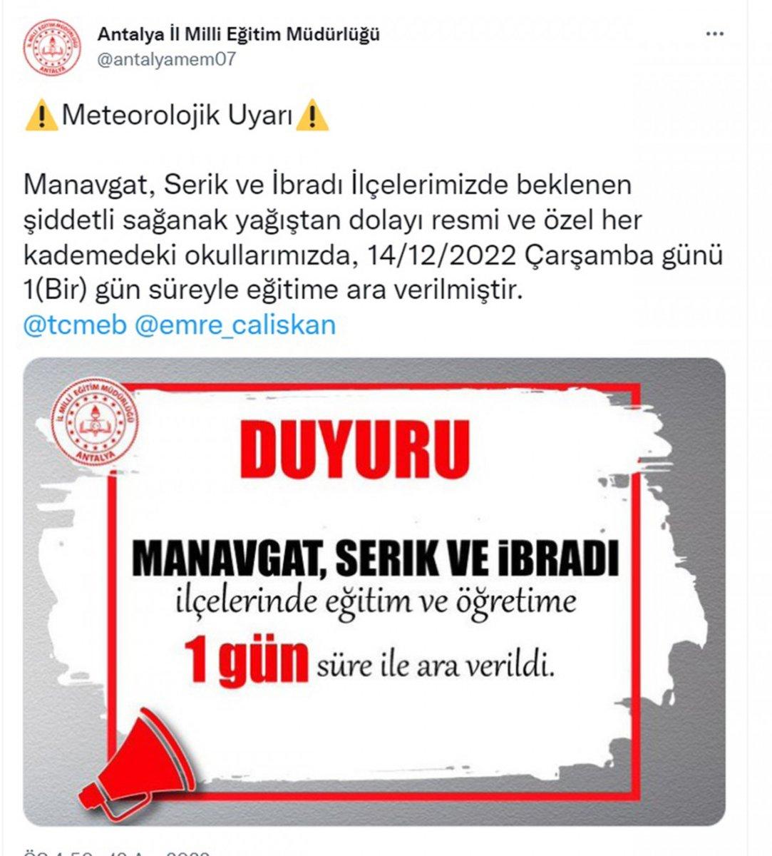 Antalya'da 3 ilçede eğitime 1 gün ara verildi