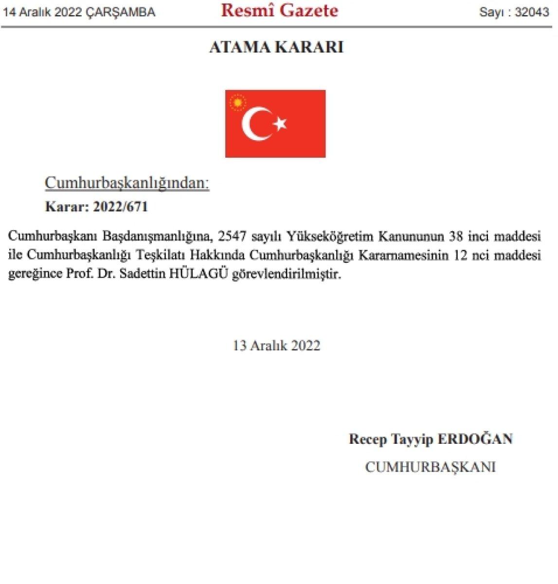 Cumhurbaşkanı Erdoğan'ın başdanışmanı Sadettin Hülagü oldu