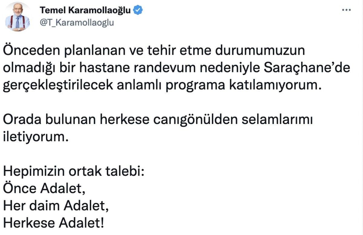 Temel Karamollaoğlu, Saraçhane buluşmasına katılamayacak