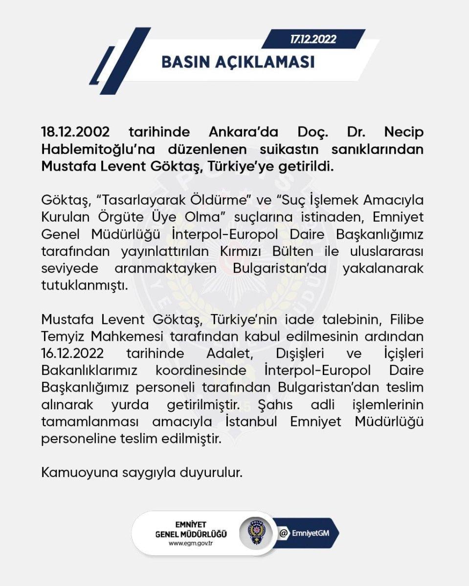 Hablemitoğlu suikastı zanlılarından Levent Göktaş, tutuklandı