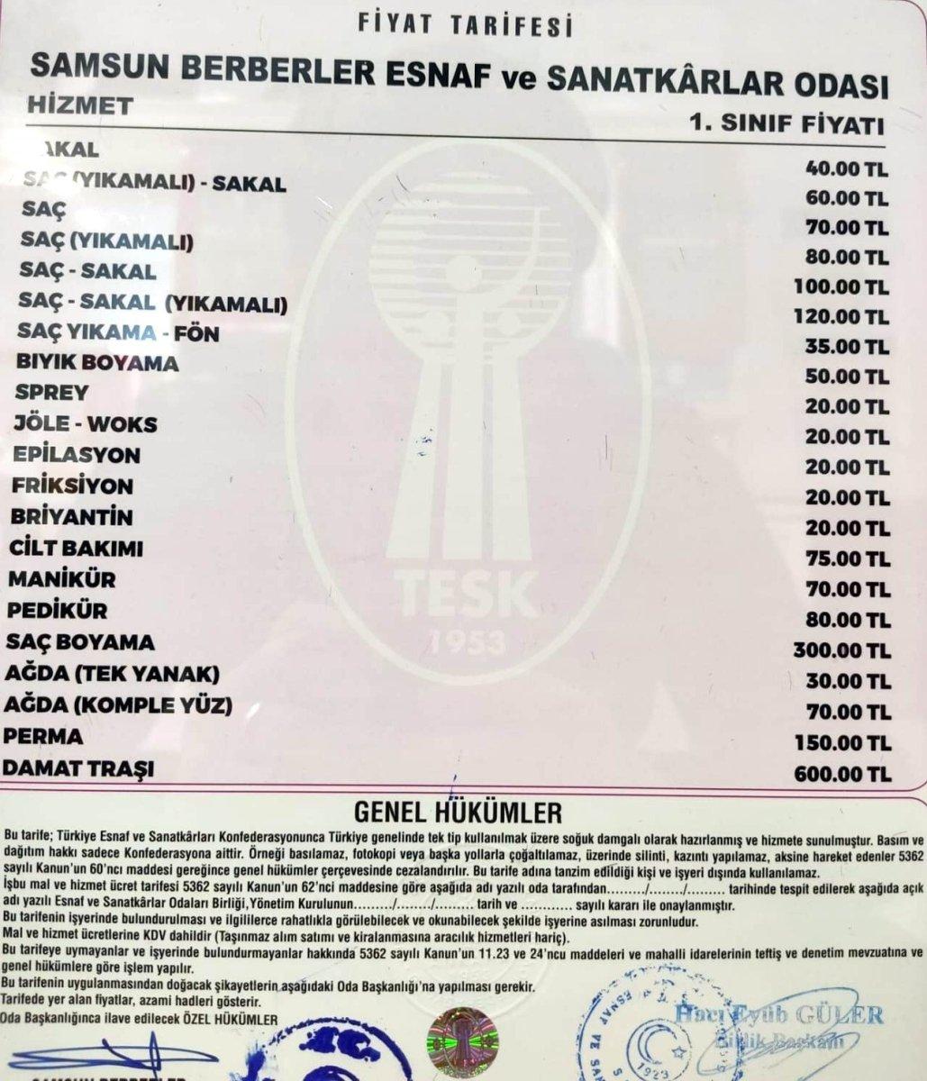 Samsun’da berber fiyat tarifesine düzenleme