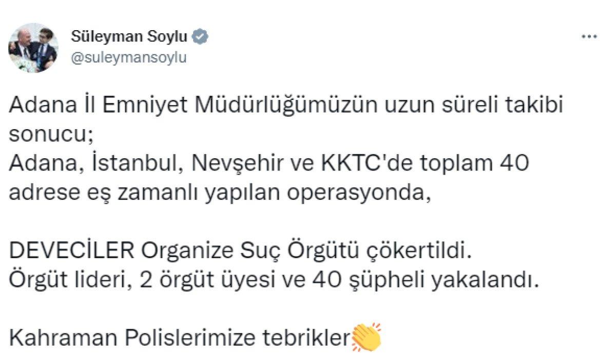 Süleyman Soylu: Deveciler Organize Suç Örgütü çökertildi