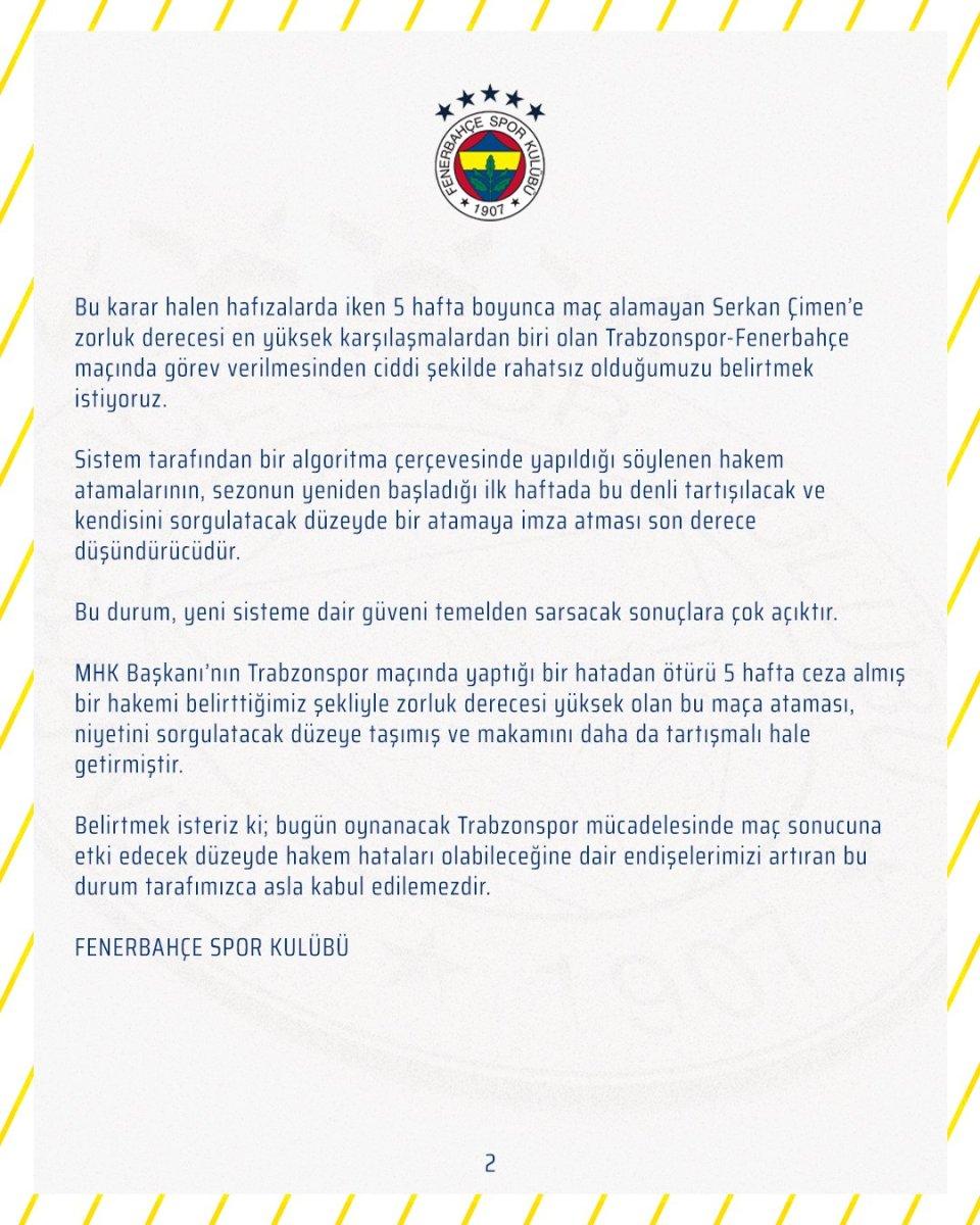 Fenerbahçe'den derbi öncesi hakem açıklaması