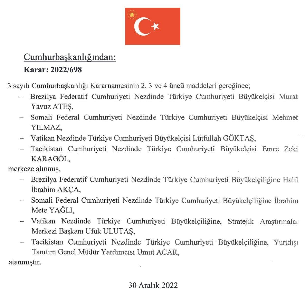 9 büyükelçi ataması yapıldı