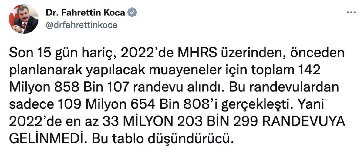 Fahrettin Koca, 2022’deki muayene ve randevu sayısını paylaştı